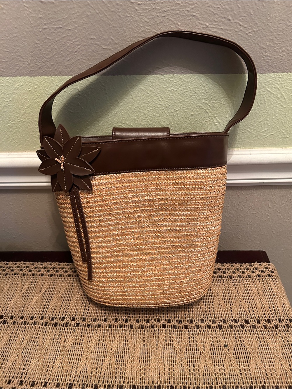 Bath & Body Works Brown Straw Shoulder Tote with Flower Accent